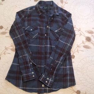 Roots blue and brown plaid striped shirt